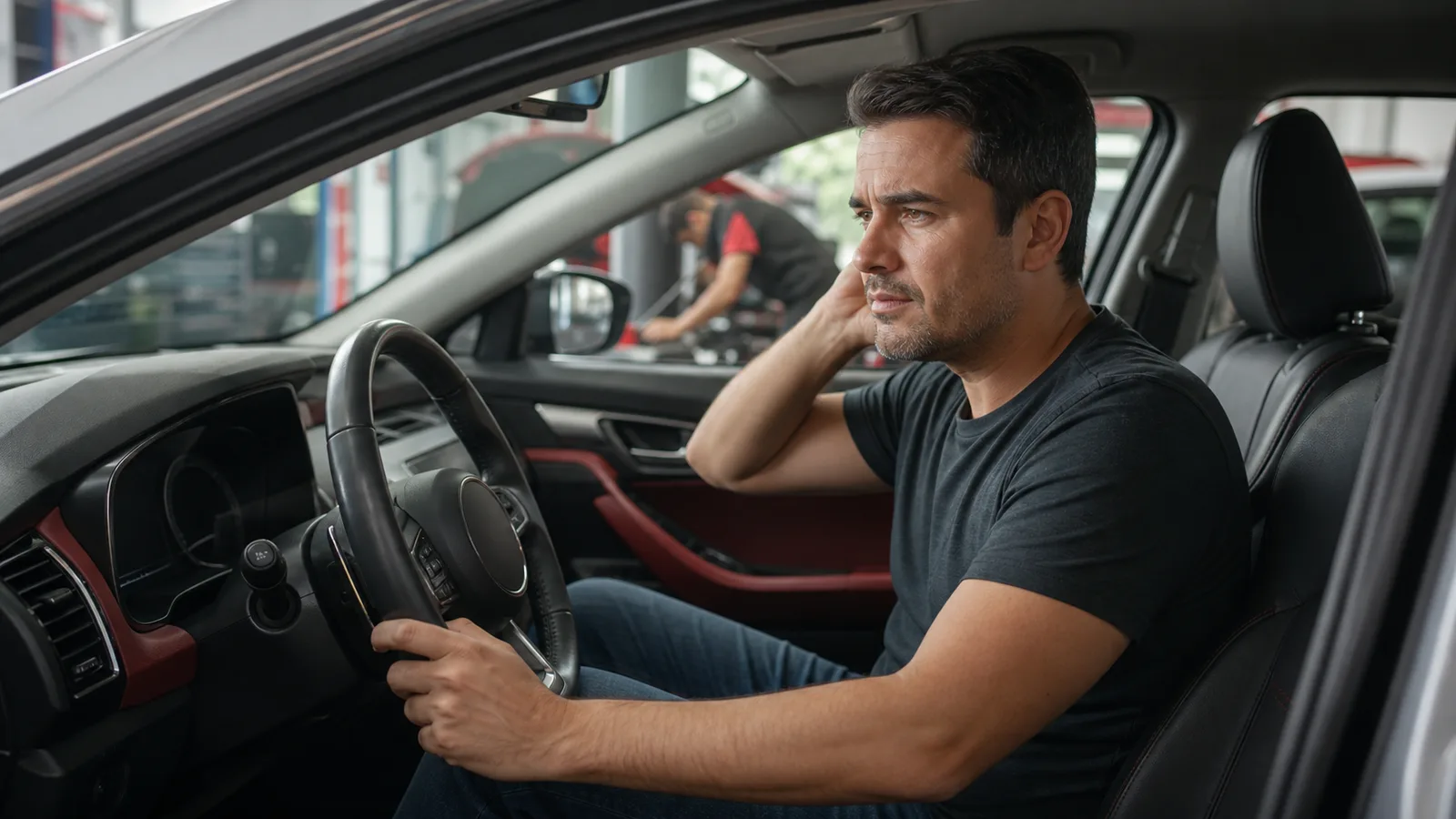 Motorista atento a um ruído vindo da parte dianteira do carro