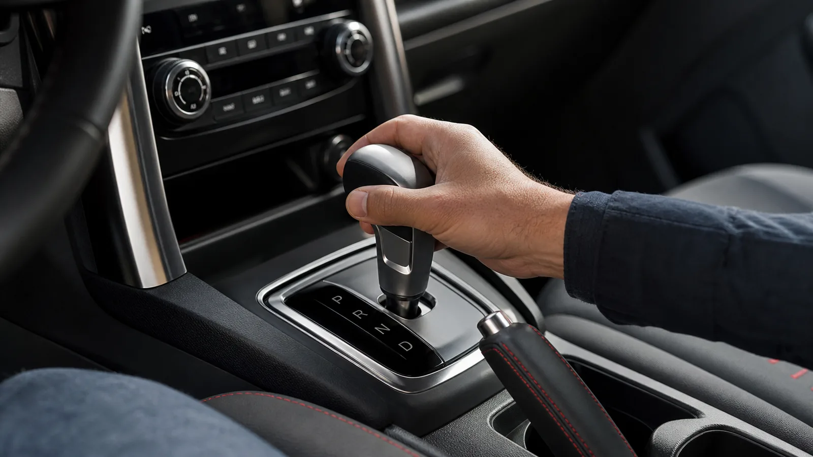 Mão de motorista utilizando o seletor de um câmbio automático