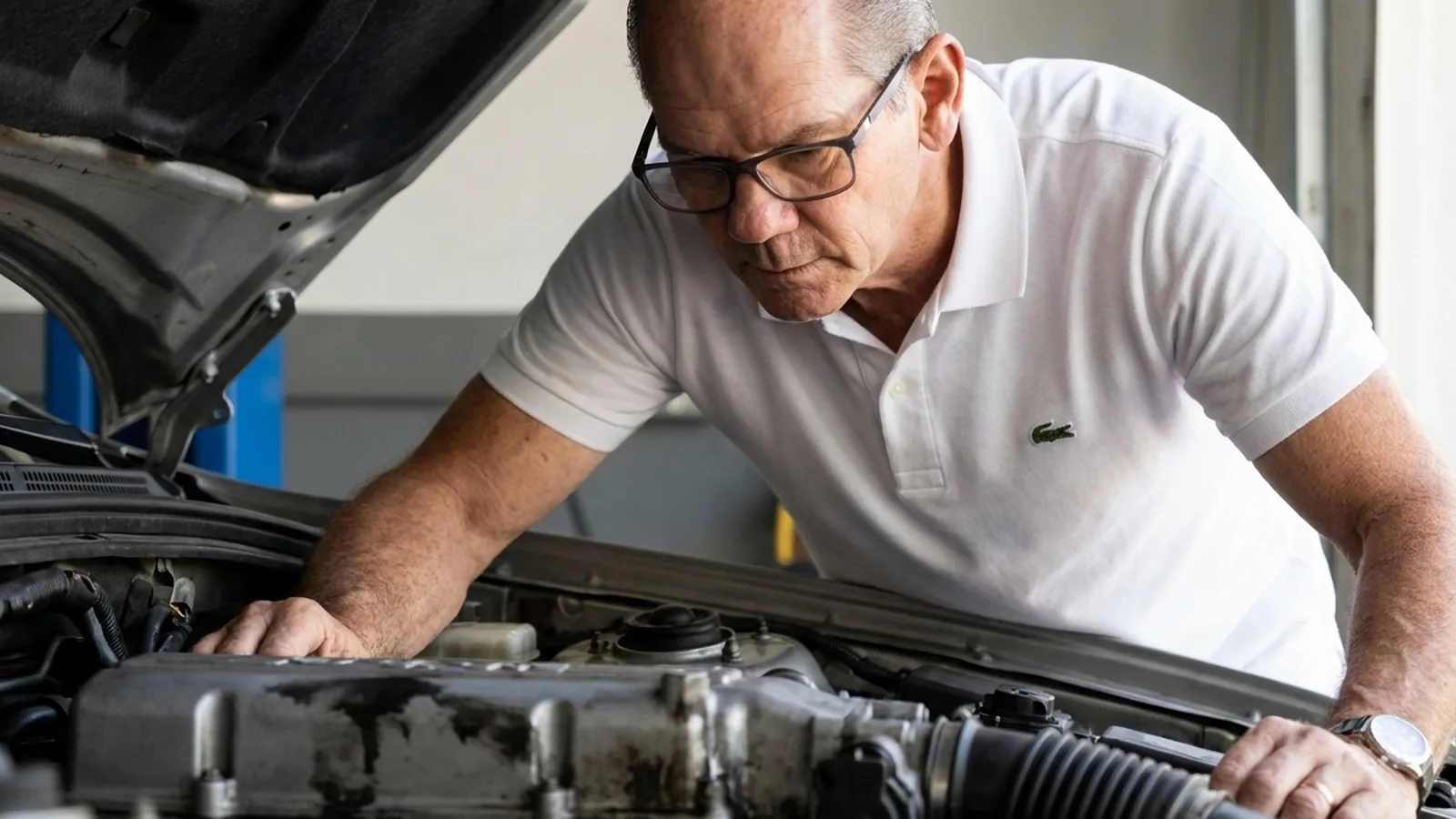 Patyo inspecionando o motor de um carro seminovo com o capô aberto