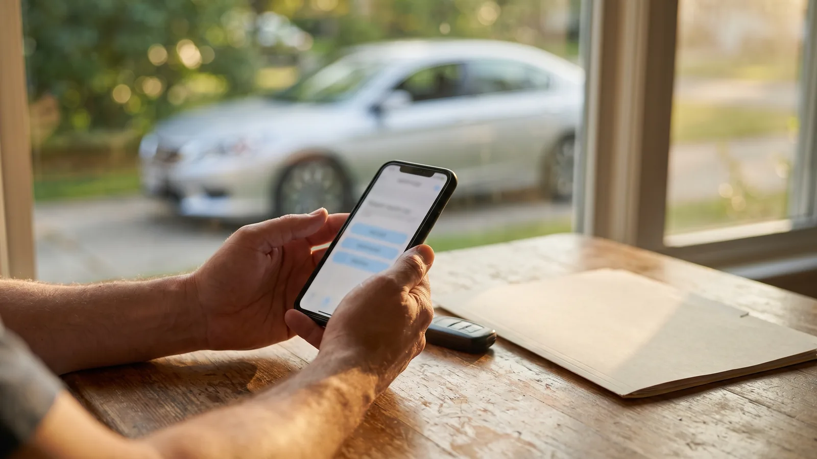 Mãos segurando um celular sobre a mesa, ao lado da chave de um carro